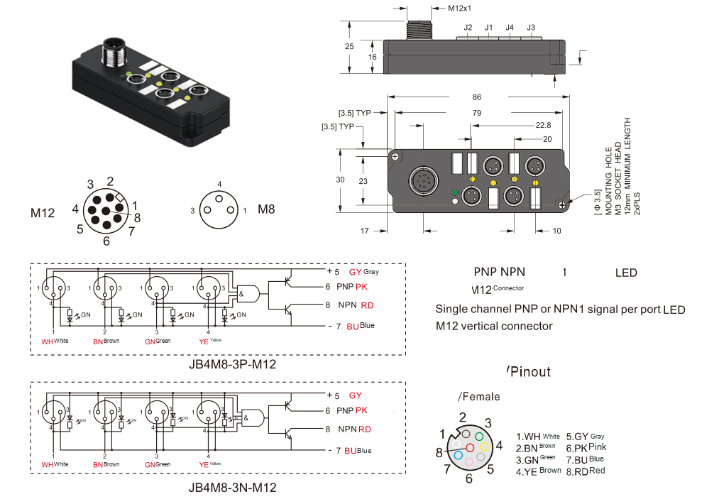 JB4M8 4-port M8 junction boxes